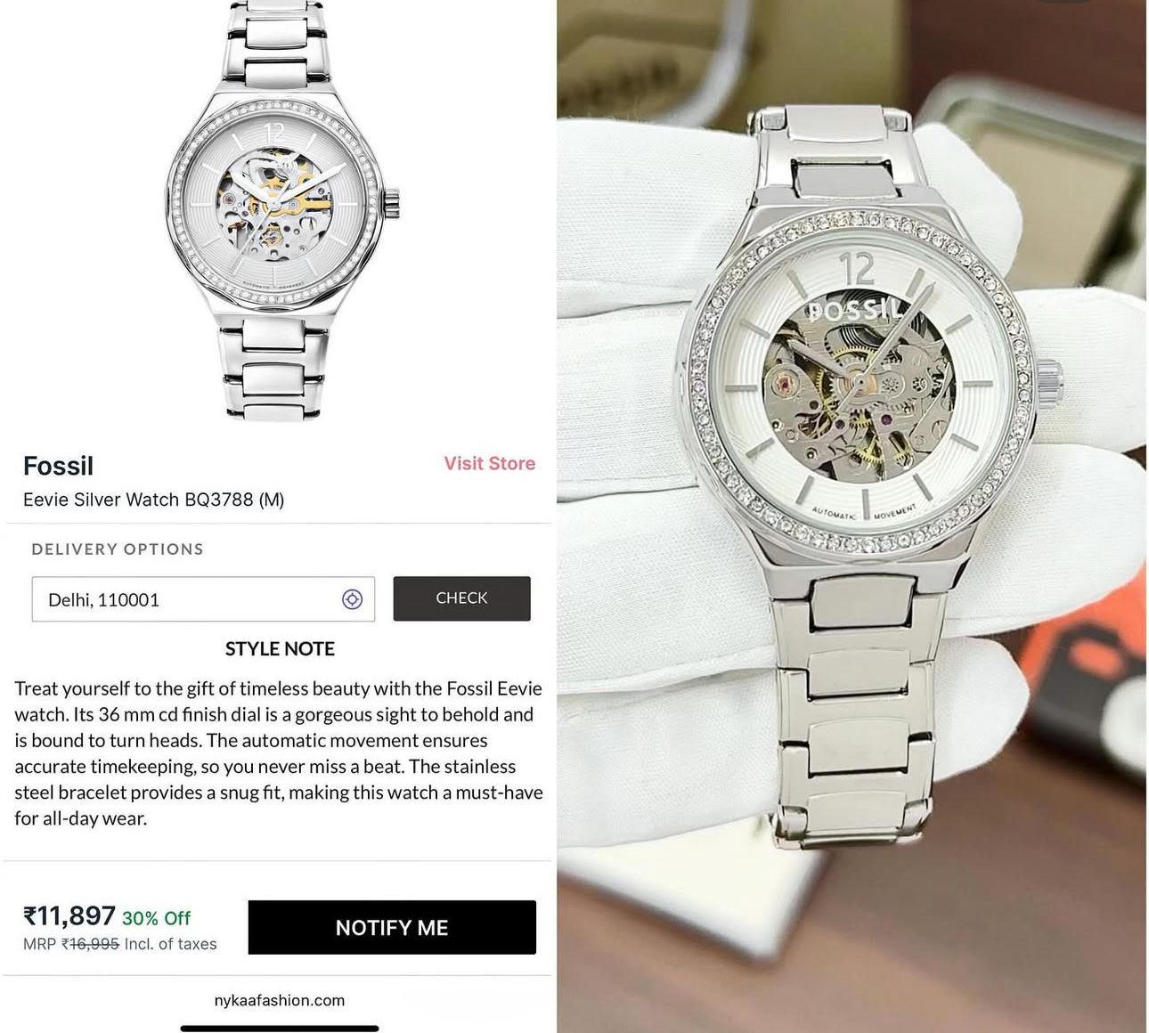 Fossil Eevie Silver Watch BQ3788 (M)