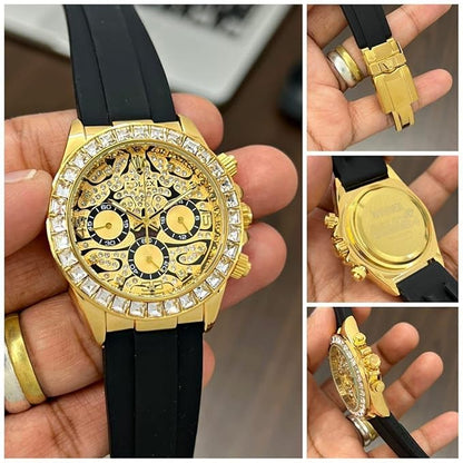 Luxury Gold Plated Unisex Analog Chronography Watch - Iceout Bling Silicone Belt, Premium Diamond Watch, Elegant Tiger Design - Luxury Gift for Unisex