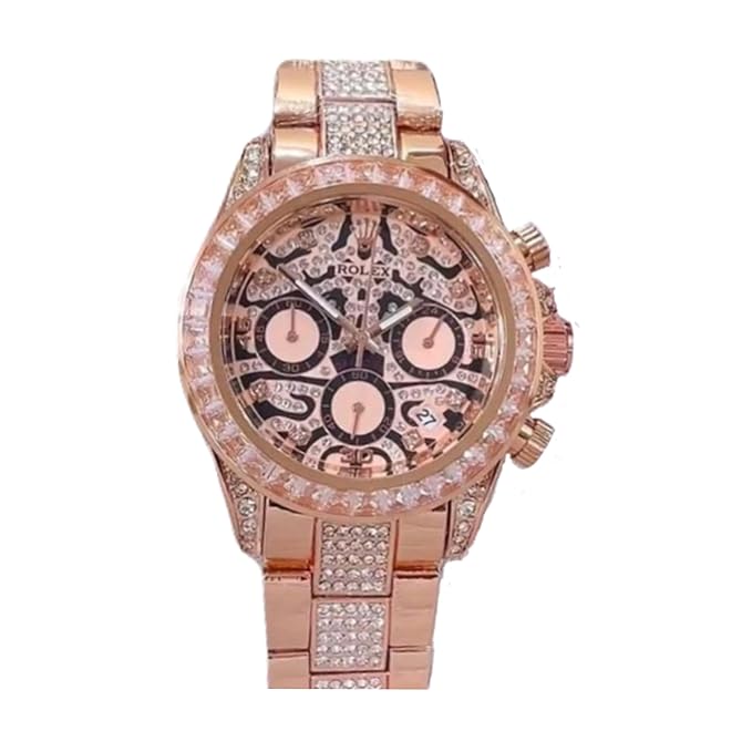 Luxury Gold Plated Unisex Analog Chronography Watch - Iceout Bling Silicone Belt, Premium Diamond Watch, Elegant Tiger Design - Luxury Gift for Unisex