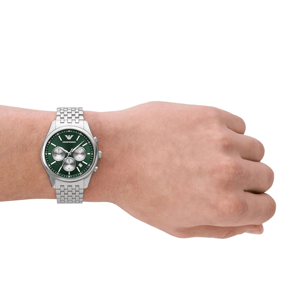 Emporio Armani Stainless Steel Analog Green Dial Men Watch-Ar11581, Silver Band