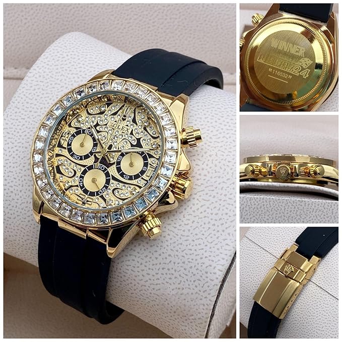 Luxury Gold Plated Unisex Analog Chronography Watch - Iceout Bling Silicone Belt, Premium Diamond Watch, Elegant Tiger Design - Luxury Gift for Unisex