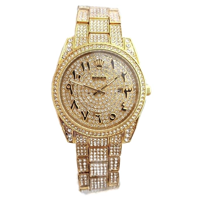 Luxury Gold Plated Unisex Analog Chronography Watch - Iceout Bling Silicone Belt, Premium Diamond Watch, Elegant Tiger Design - Luxury Gift for Unisex