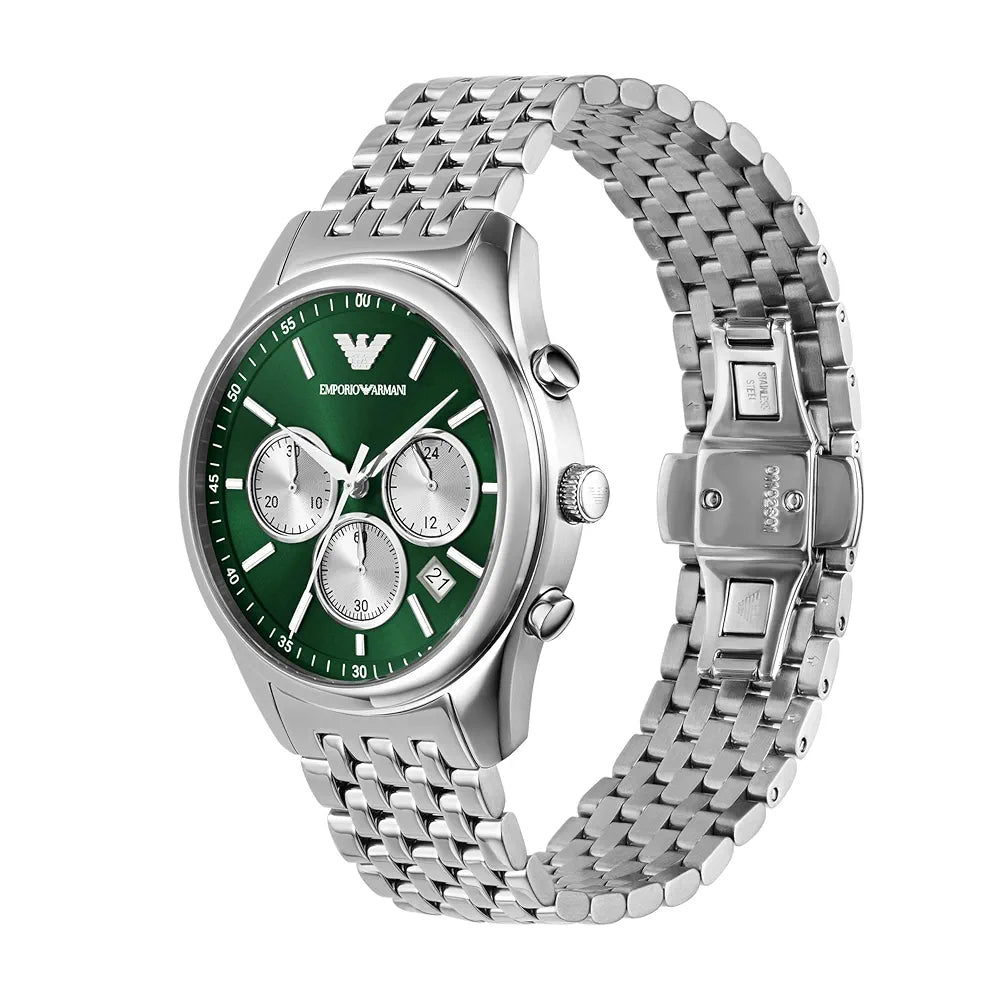 Emporio Armani Stainless Steel Analog Green Dial Men Watch-Ar11581, Silver Band